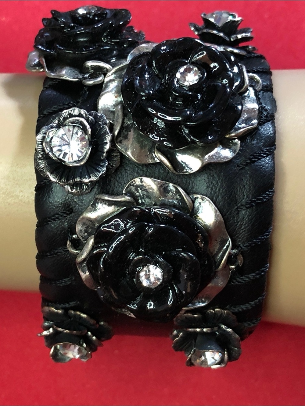 Black Rose Rhinestone Bracelet Wide Cuff Wrap Oxidized Silver Vegan Leather Goth